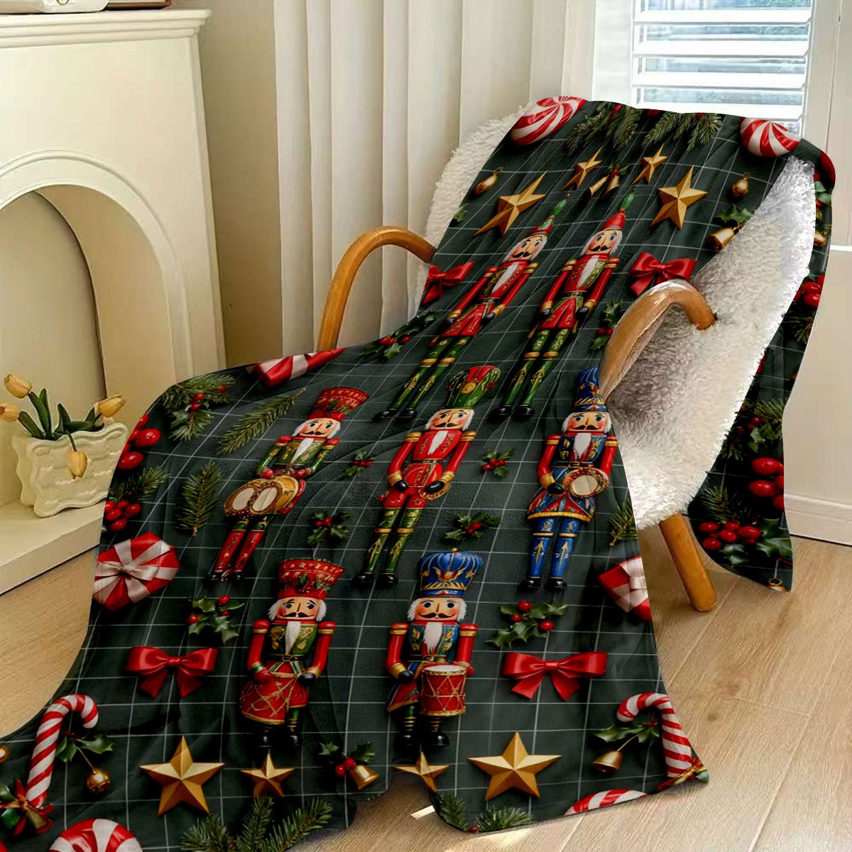 Christmas Nutcracker and Holiday Gift Themed Green Flannel Blanket, Soft, Comfortable, and Warm, Red and Golden Decorative Style Design, Durable Plush Surface, All-Season Universal Bed Blanket, Warm Throw Blanket, Multiple Sizes Available
