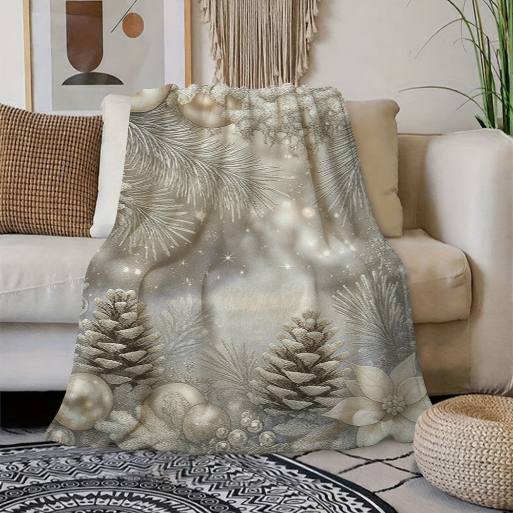 1pc Christmas Pinecone And Snowflake Silver-Gray Design Flannel Blanket, Winter Holiday Decor, Soft Plush All-Season Use, Suitable for Living Room Sofa Cover, Reading Time And Weekend Nap