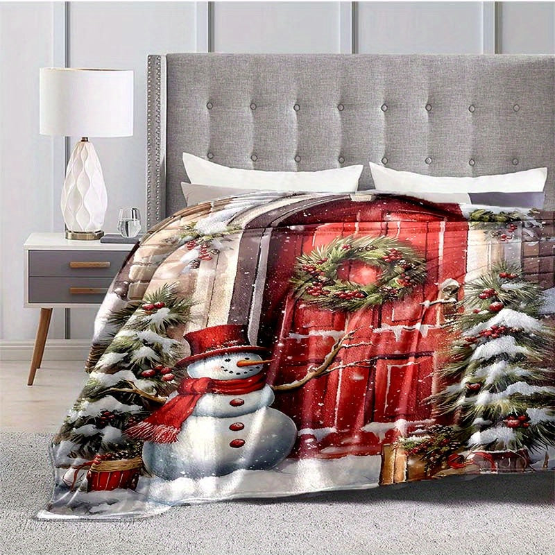 1pc Snow Christmas Door Pattern Blanket, Red Door Print Design, Body Cover Blanket, Soft Fleece Plush Surface, Lightweight And Durable, Multiple Sizes Available, Suitable for Christmas Decoration, Outdoor Courtyard, Living Room Sofa