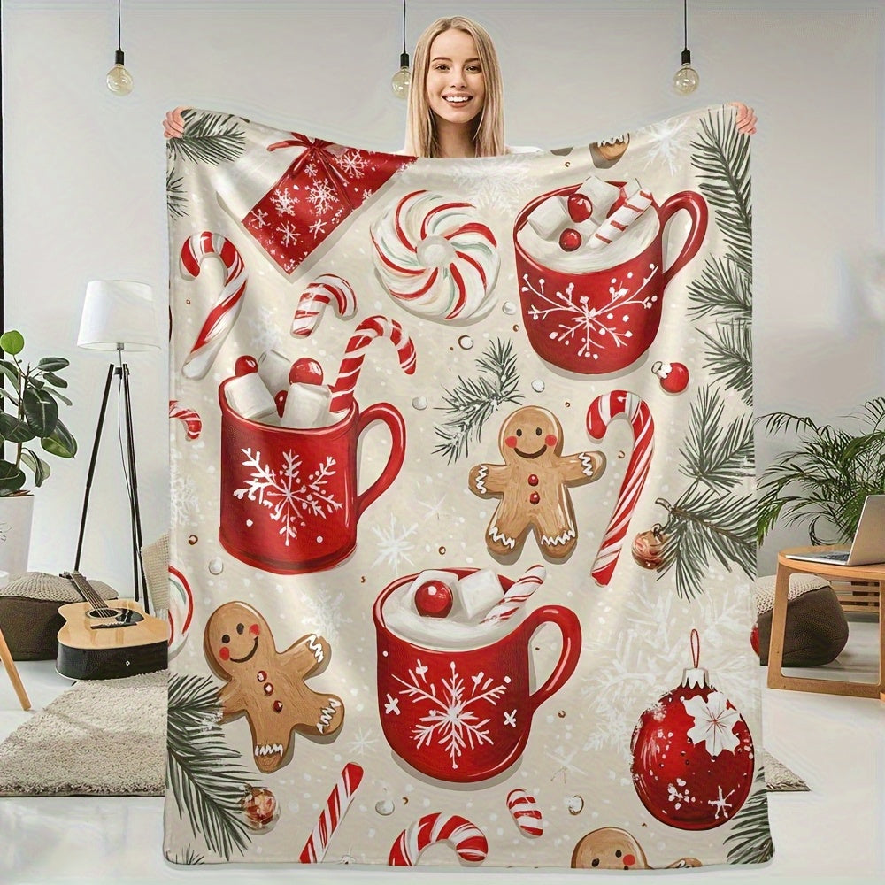 1 Christmas Gingerbread Patterned Blanket, Featuring Festive Design, Soft Plush Surface, Lightweight and Durable Flannel Material, Available in Multiple Sizes, Perfect for Christmas, Living Room Sofas, Bedroom, Leisure Reading, and Daily Home