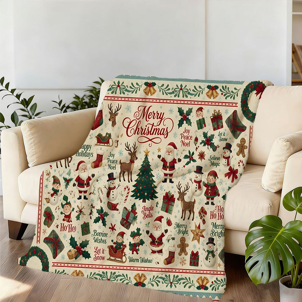 1pc, Santa And Reindeer Pattern Christmas Theme Flannel Blanket, Soft Comfortable Warm, Beige And Red Design, Durable Plush, All-Season Sofa Blanket, Warm Cover, Multiple Sizes Available, Suitable for Living Room Sofa, Bedroom, Reading Corner