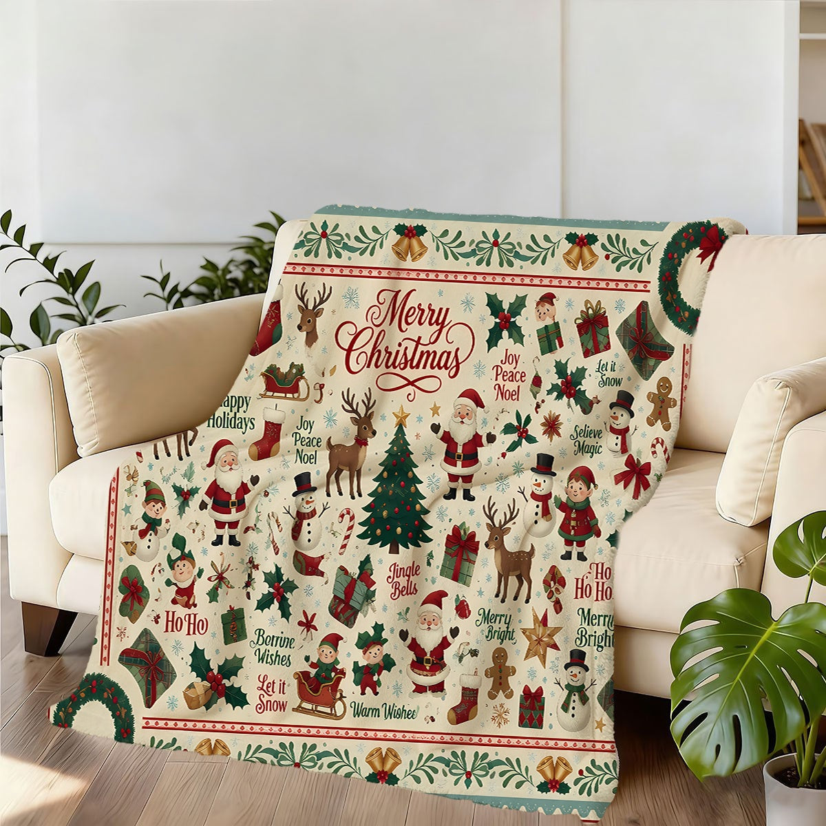 1pc, Santa And Reindeer Pattern Christmas Theme Flannel Blanket, Soft Comfortable Warm, Beige And Red Design, Durable Plush, All-Season Sofa Blanket, Warm Cover, Multiple Sizes Available, Suitable for Living Room Sofa, Bedroom, Reading Corner