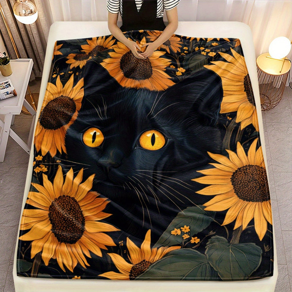 1pc Black Cat & Sunflowers HD Printed Flannel Blanket - All-Season Soft Lightweight Throw for Camping, Travel, Home, Office - Contemporary Anime Design Cozy Gift, Travel Blanket, Vibrant Design, Durable Fabric