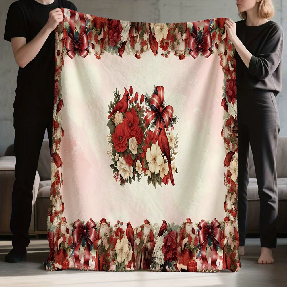 1pc Christmas Red and White Floral with Red Bird Pattern Flannel Blanket, Soft, Comfortable, and Warm, Festive Design, All-season Universal Blanket, Warm Throw Blanket, Multiple Sizes Available, Suitable for Living Room Sofas, Bedroom