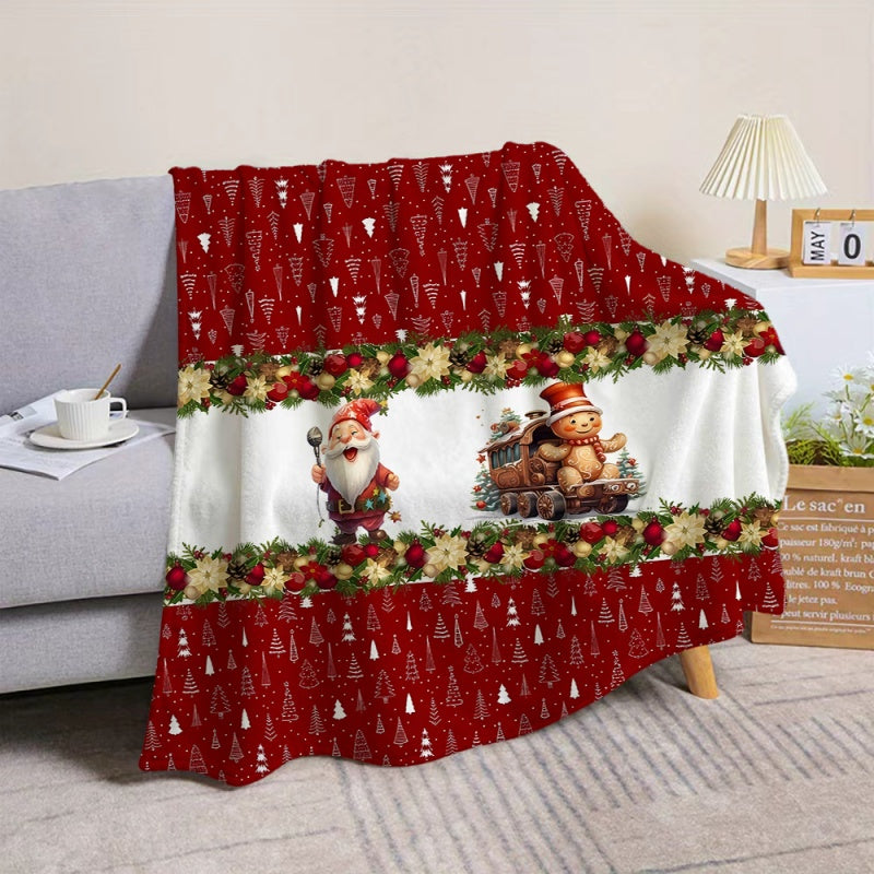1pc 2D Flat Printing, Santa Claus And Gingerbread Man Train Pattern Blanket, Soft Fleece Blanket - Red Festive Design, Multi-Size Available, Suitable for Living Room, Bedroom, Sofa, And Casual Reading