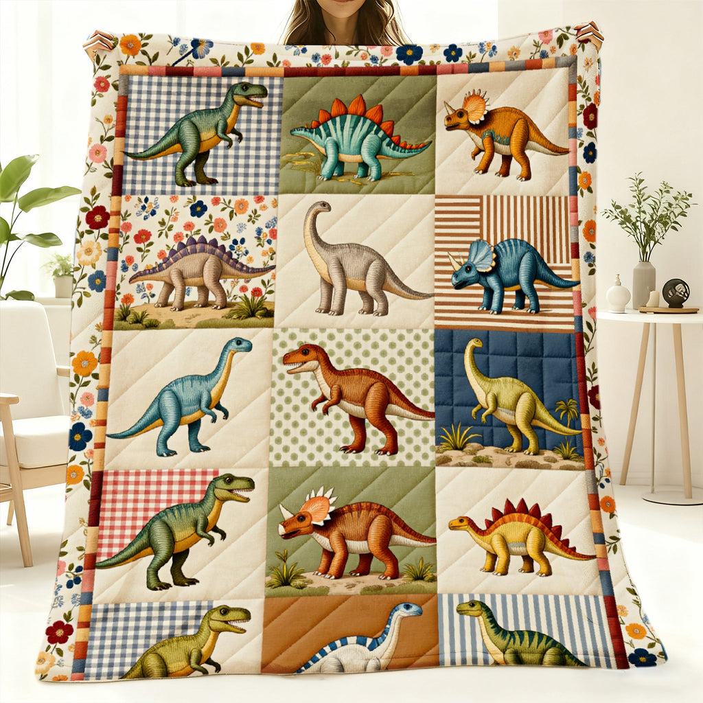 This Digital Print Flannel Blanket Features a Retro Floral Border And Various Dinosaurs Like T-Rex, Stegosaurus, And Triceratops. It's Soft, Warm, And Comfortable, Making It Perfect for Use in The Bedroom, Living Room