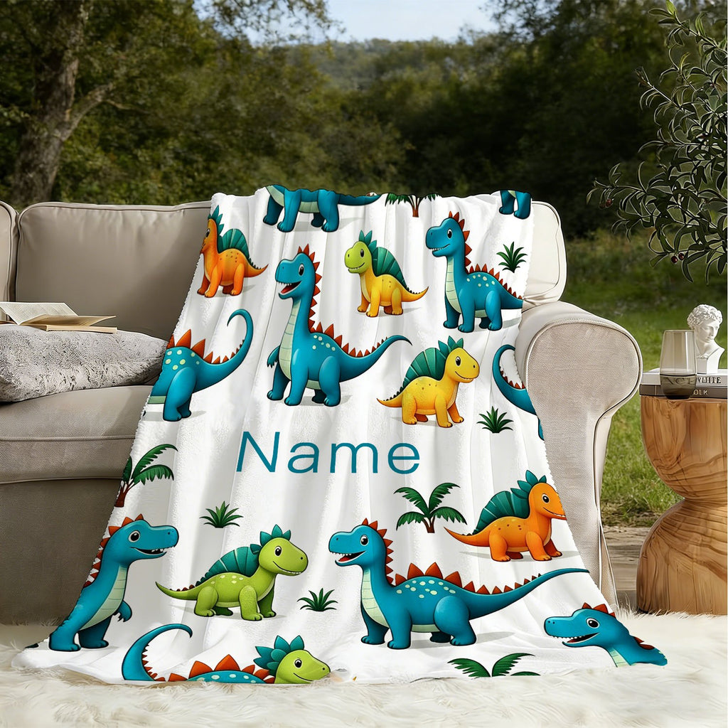 Cartoon Dinosaur Flannel Blanket, Plush Blanket, Personalized Custom Name Blanket, Comfortable Personalized Blanket, All-Season Gift Blanket, Suitable for Home and Travel, for Outdoor Enthusiasts, Holiday Gift for Family and Friends