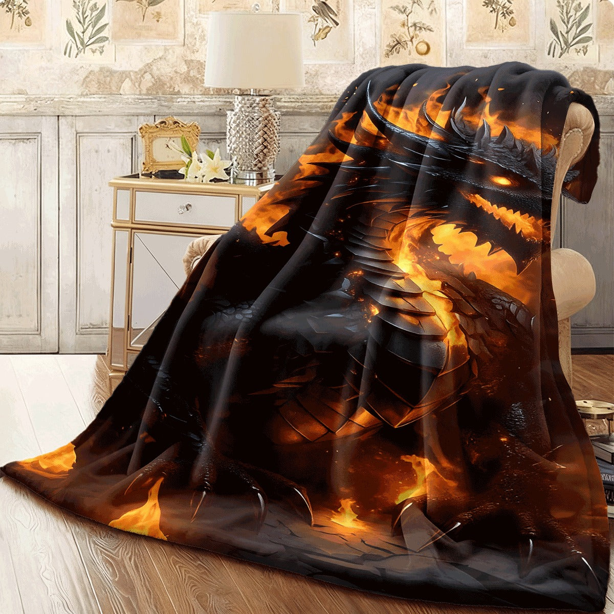 1pc Bohemian Style Dragon Print Flannel Throw Blanket All-Season Soft Cozy Quilted Throw for Sofa & Room Multipurpose Digital HD Printed Anime Theme Polyester Blanket with Fire Dragon Design