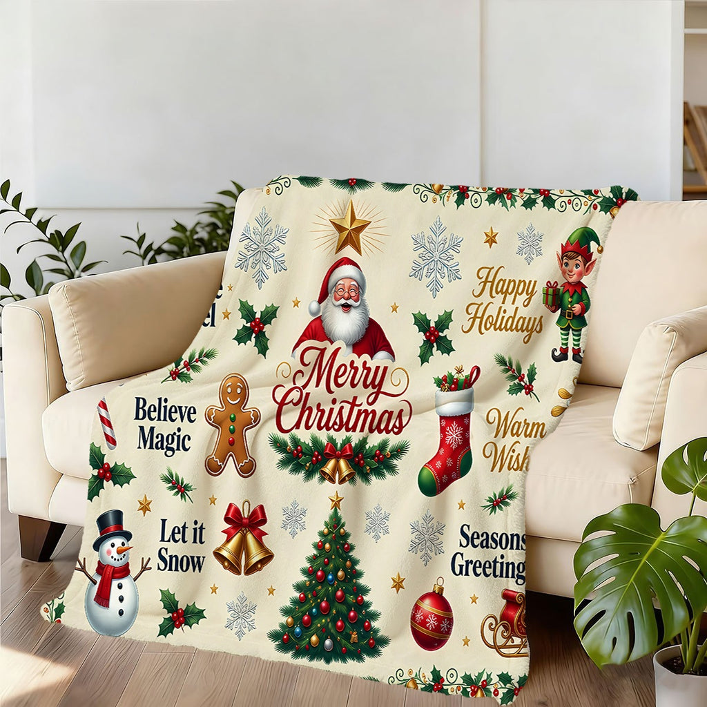 1pc, Santa And Reindeer Pattern Flannel Blanket, Soft Comfortable Warm, Beige Holiday Design, Durable Plush, All-Season Sofa Blanket, Warm Cover, Multiple Sizes Available, Suitable for Living Room Sofa, Bedroom, Reading Corner, Holiday Parties