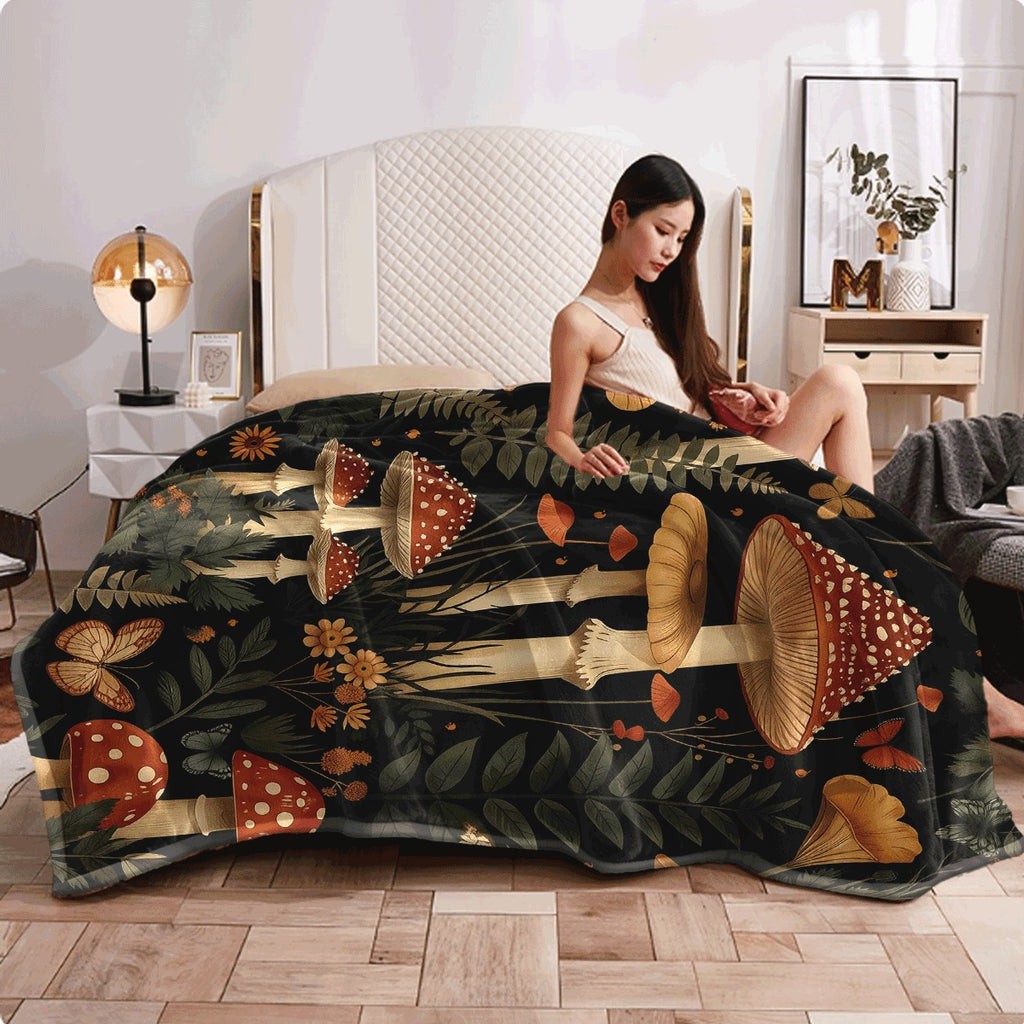 A Single Piece of a Cozy Flannel Blanket Designed for Autumn Woods, Featuring Designs of Mushrooms, Foliage, And Butterflies, Highlighting The Splendor of Nature'S Ecosystem, Soft And Comfy, Ideal for Various Uses