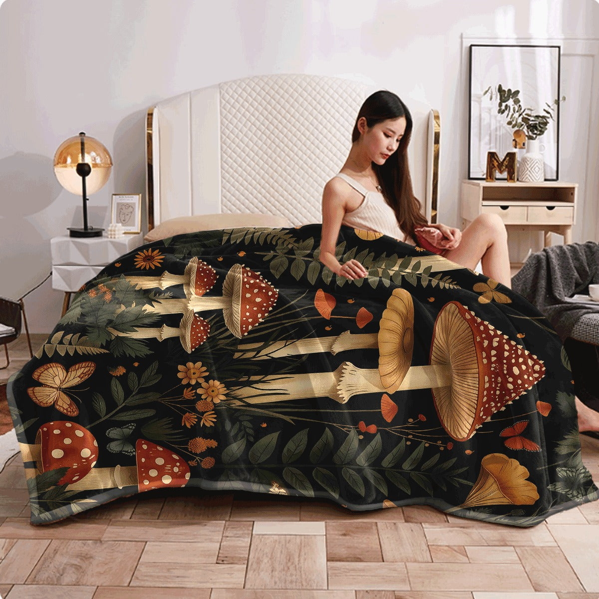 A Single Piece of a Cozy Flannel Blanket Designed for Autumn Woods, Featuring Designs of Mushrooms, Foliage, And Butterflies, Highlighting The Splendor of Nature'S Ecosystem, Soft And Comfy, Ideal for Various Uses