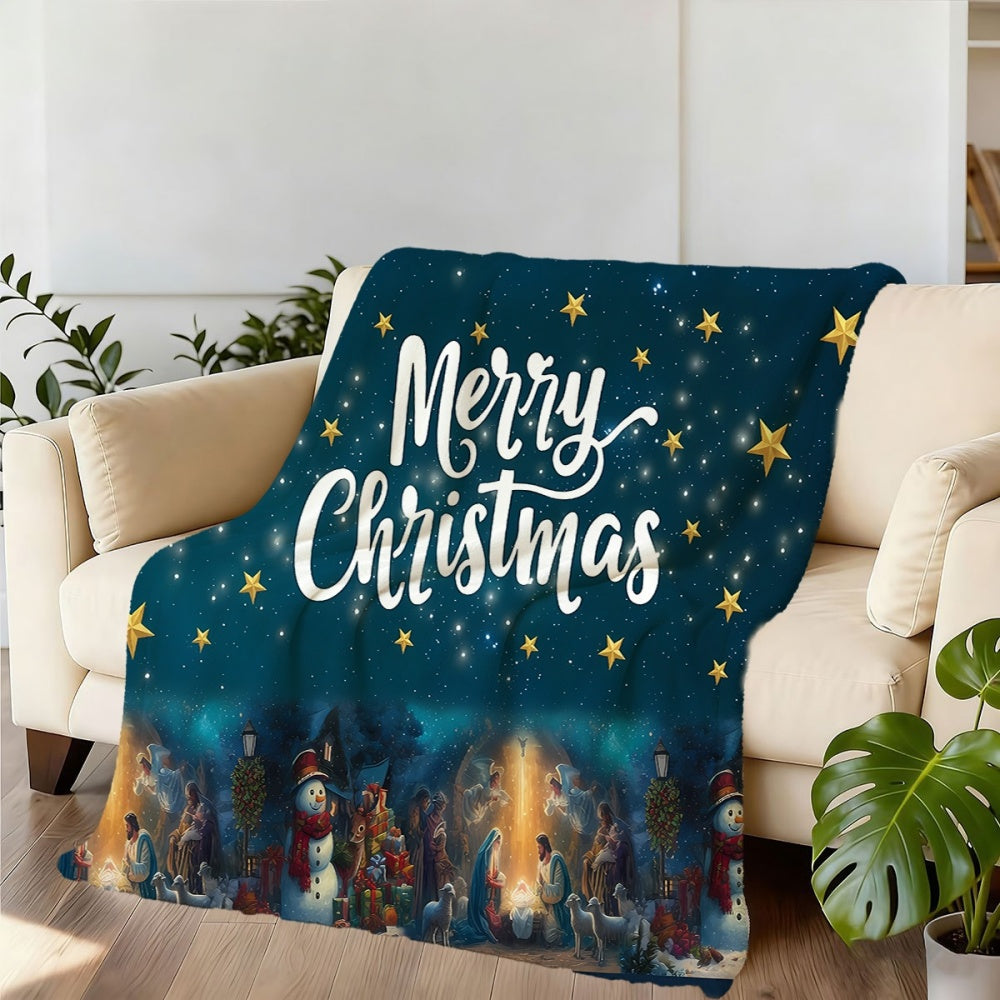 1pc Christmas Themed Flannel Blanket with Stars and Nativity Scene, Soft, Comfortable, and Warm, Deep Blue Starry Sky Design, Durable Plush Surface, All-Season Sofa Blanket, Warm Throw Blanket, Multiple Sizes Available, Suitable for Living Room
