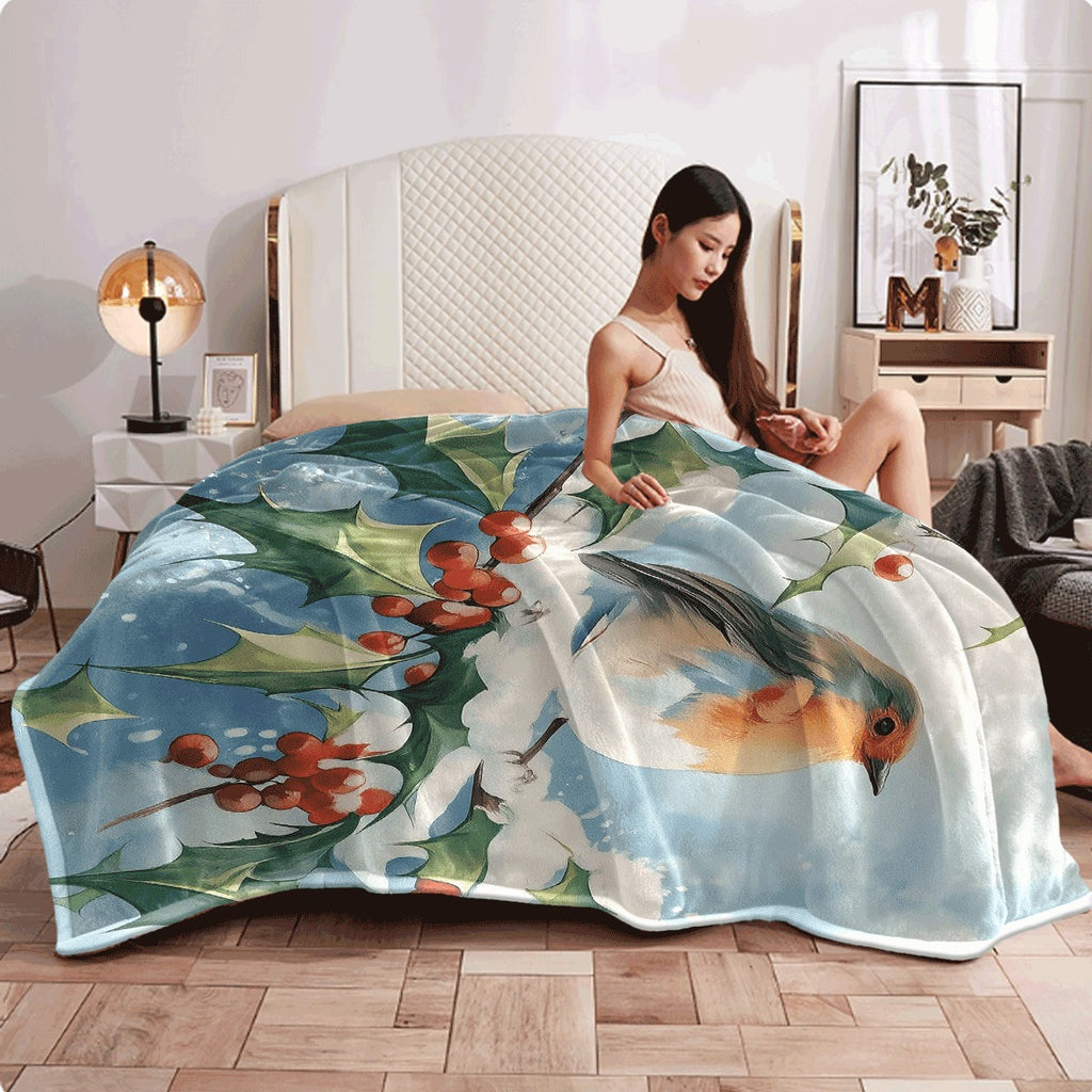 1pc Cozy Winter Flannel Blanket with Watercolor Robin And Holly Branch Soft Throw for Sofa Festive Christmas And Holiday Decor Ultra-Warm All-Season Blanket