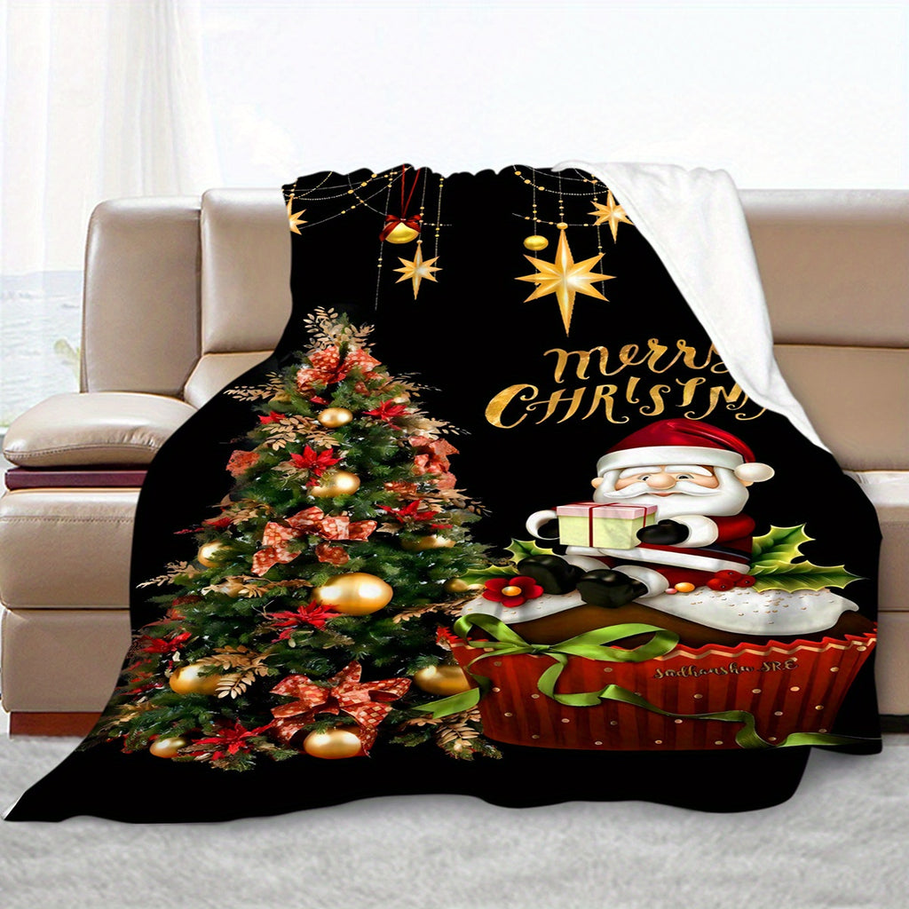 1pc 2D Flat Printing Santa Claus And Christmas Tree Theme Blanket - Soft And Comfortable, Black Background with Golden Stars And Red Decor Style, Multiple Sizes Available, Suitable for Living Room, Bedroom, Sofa, Sofa Headrest, And Holiday Decor