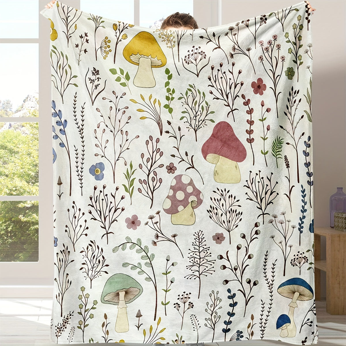 Cozy Mushroom Pattern Flannel Throw Blanket- Soft, Warm& Lightweight for Couch,, Travel, and Office Use- Perfect Gift Idea