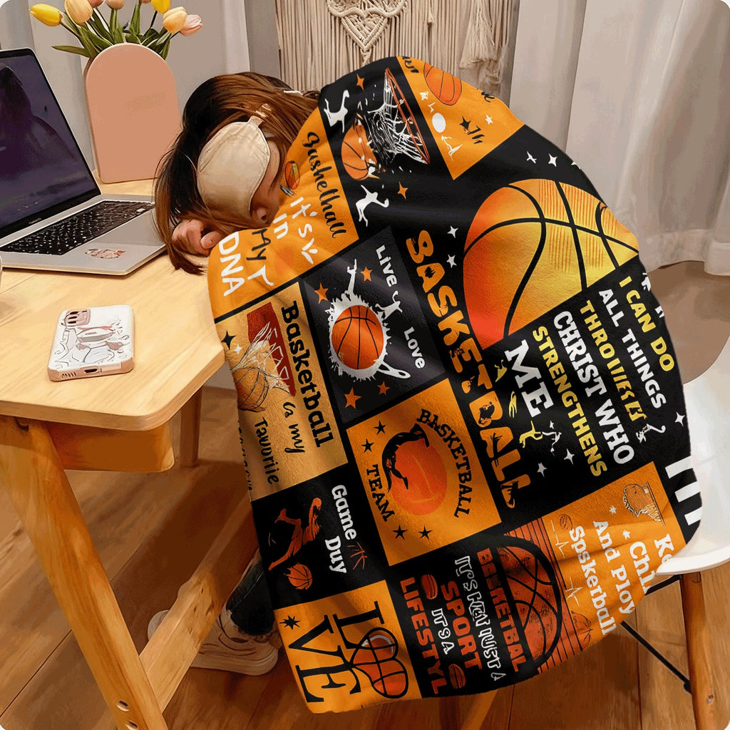 1pc Flannel Blanket Ultra-Soft Orange & Black Throw with Stylish Basketball Theme Prints Cozy Warm Fabric for Sofa Perfect for Basketball Lovers Lightweight Plush Flannel for All-Season Comfort