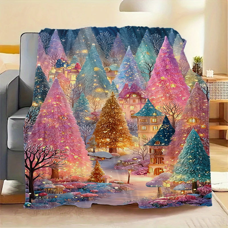 1pc Dreamy Christmas Forest Pattern Blue Design Flannel Large Blanket, Christmas Winter Decoration, Suitable for Weekend Sofa Naps, Movie and TV Entertainment Time, RV Travel