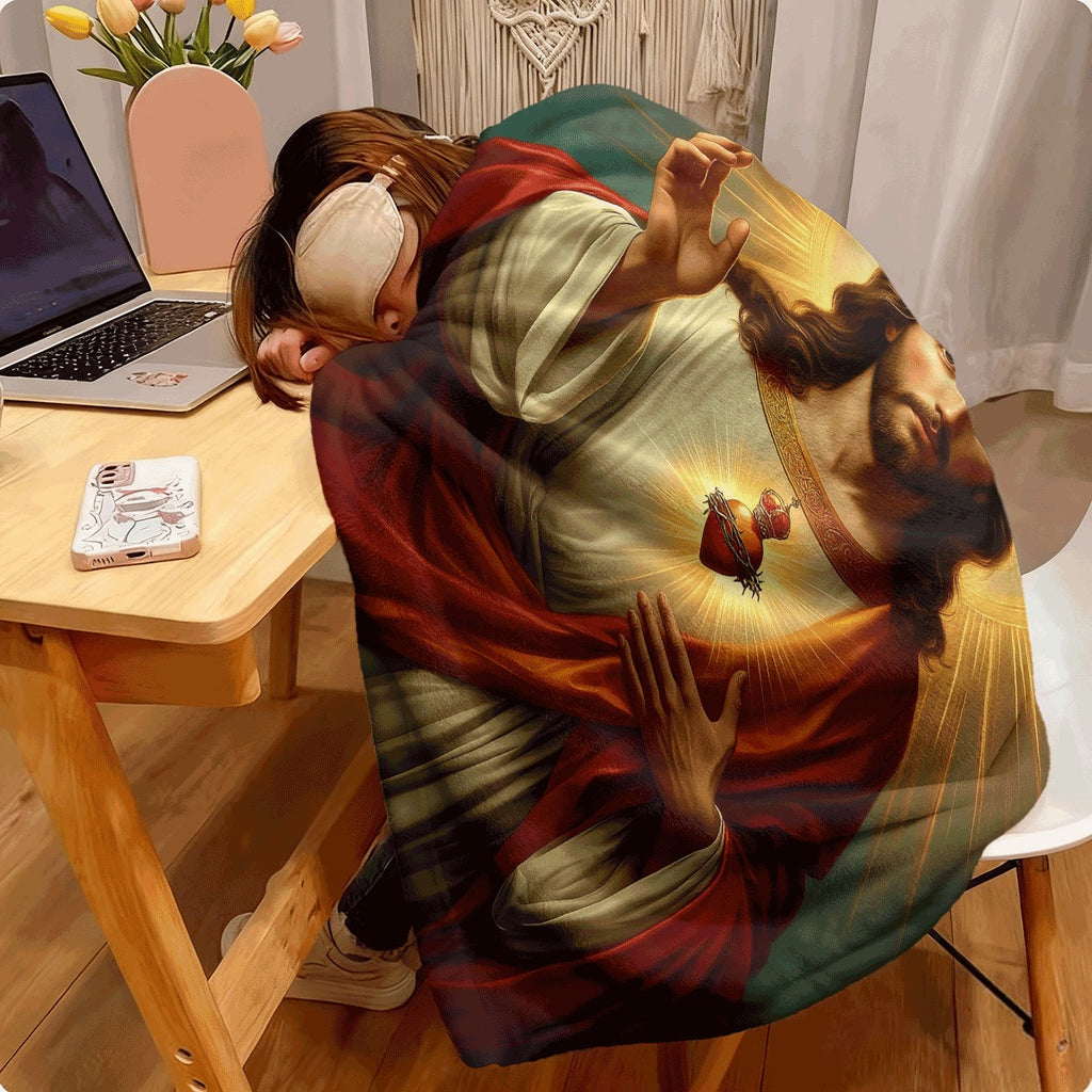 1pc Cartoon Flannel Blanket Sacred Heart Design Soft Warm All-Season Throw for Couch And Office Charming Religious Gift for Friends And Family Spiritual Comfort Radiant Pattern