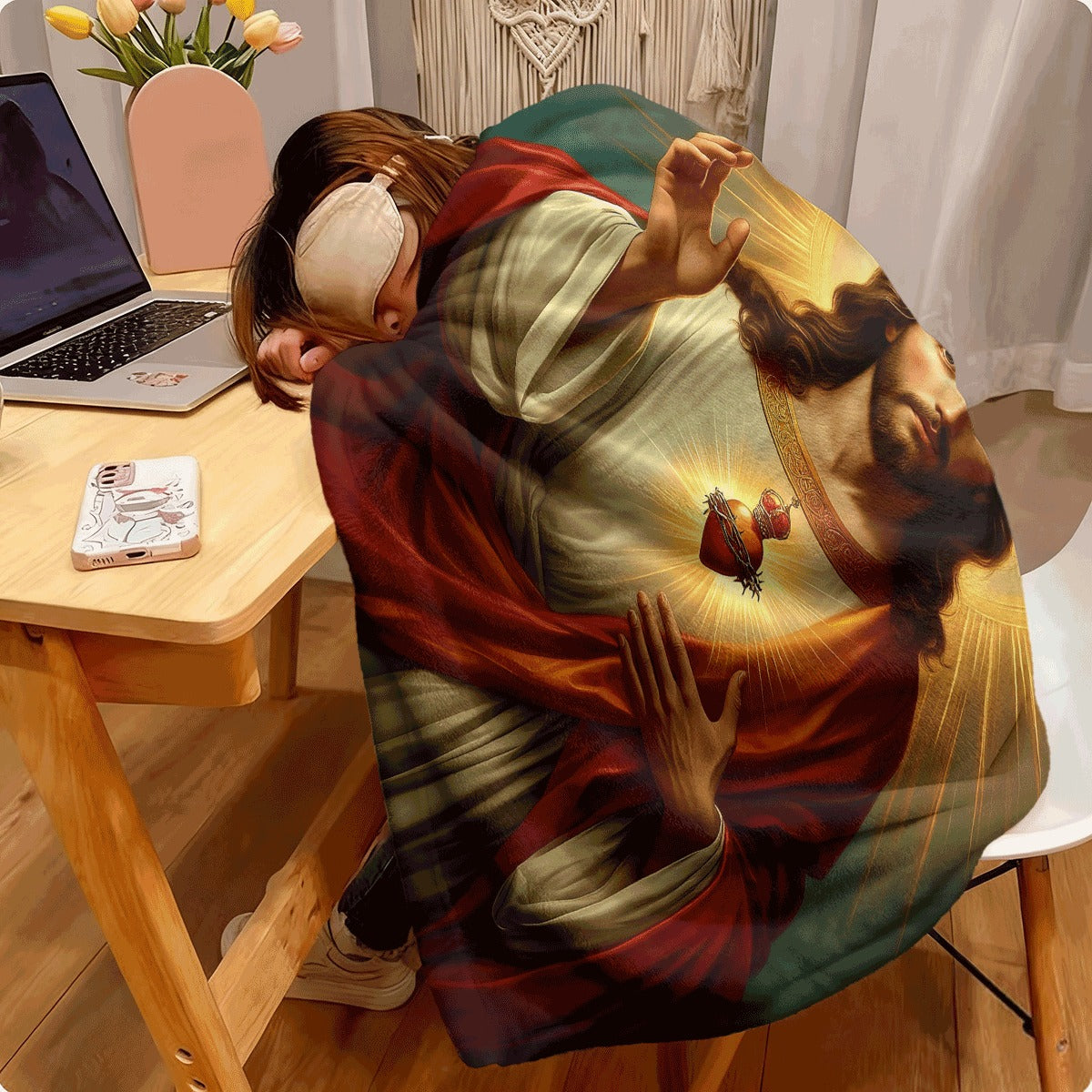 1pc Cartoon Flannel Blanket Sacred Heart Design Soft Warm All-Season Throw for Couch And Office Charming Religious Gift for Friends And Family Spiritual Comfort Radiant Pattern