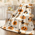 1pc Halloween Throw Blanket Cute Dachshund Dogs & Pumpkins in Orange Beige Soft Flannel Cozy Decorative Blanket for Sofa Camping Parties Perfect Halloween Gift for Pet Lovers & Spook