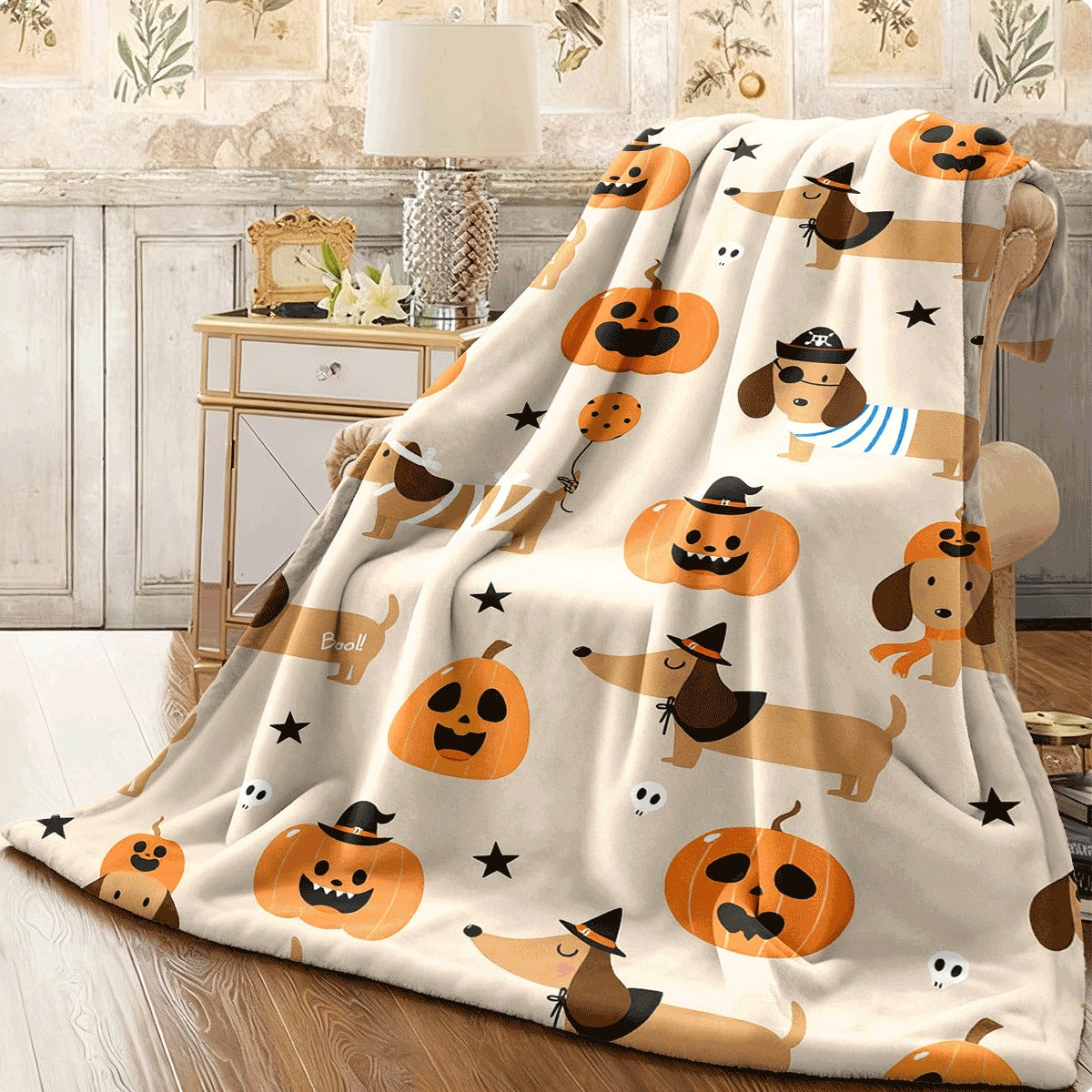 1pc Halloween Throw Blanket Cute Dachshund Dogs & Pumpkins in Orange Beige Soft Flannel Cozy Decorative Blanket for Sofa Camping Parties Perfect Halloween Gift for Pet Lovers & Spook