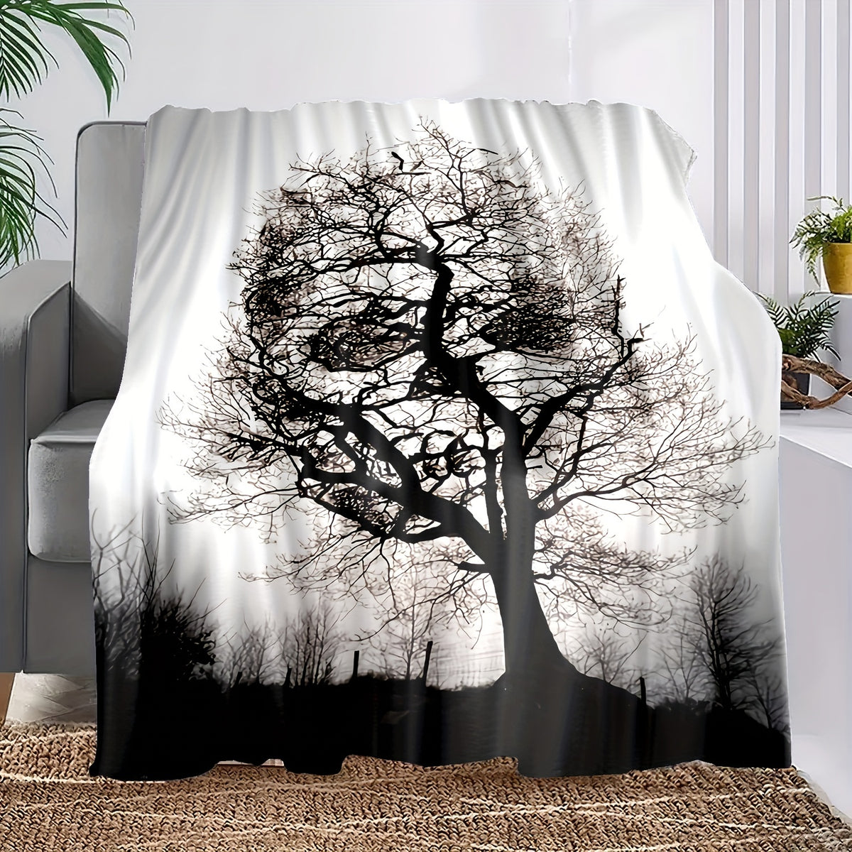 1pc Gothic Skull Tree Print Flannel Blanket- Soft and Warm Throw for Couch, Sofa, Office, Bed, Camping, and Travel- Multipurpose Holiday Gift for Halloween