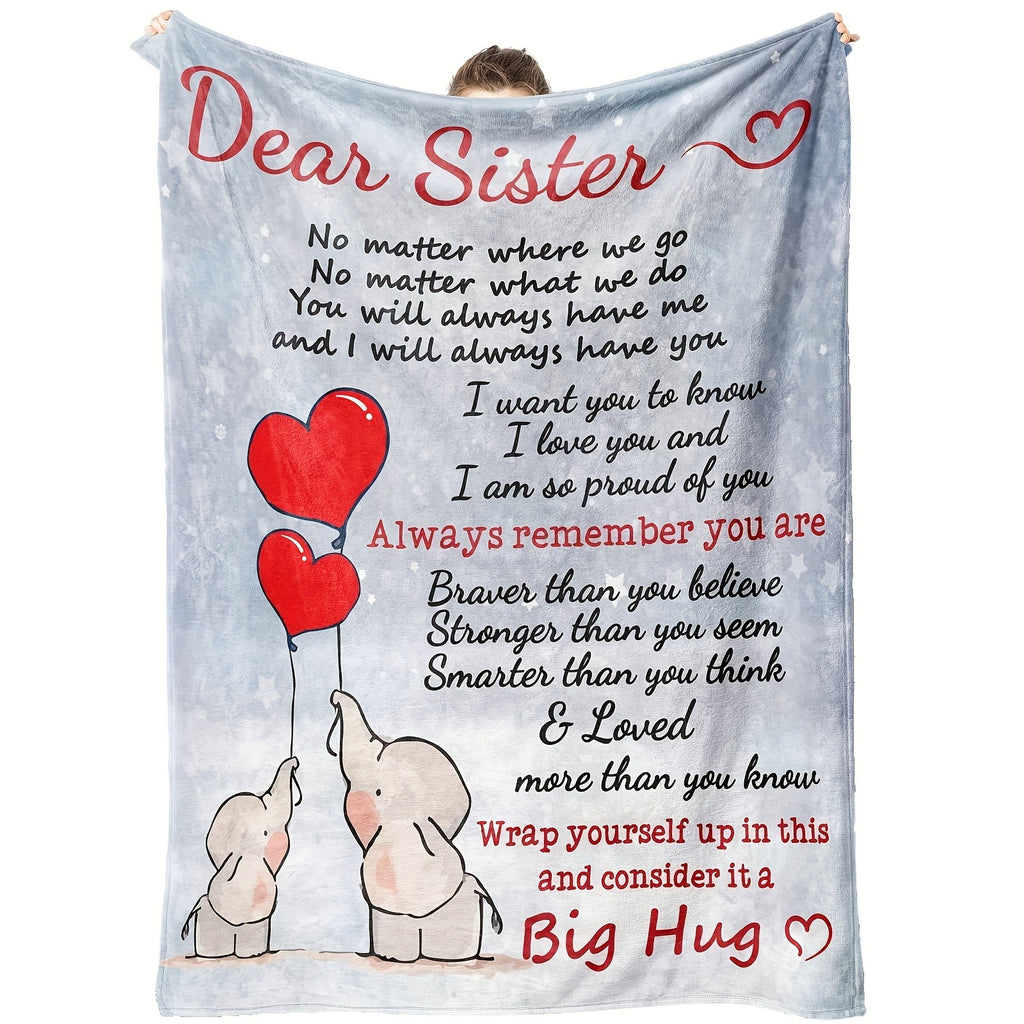 1pc Flannel Blanket Featuring Dear Sister Message with Cute Elephants and Heart Balloons. Expressing Love and Pride, This Valentine's Day Blanket Is Perfect for Cozying up and Feeling Cherished.