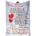 1pc Flannel Blanket Featuring Dear Sister Message with Cute Elephants and Heart Balloons. Expressing Love and Pride, This Valentine's Day Blanket Is Perfect for Cozying up and Feeling Cherished.