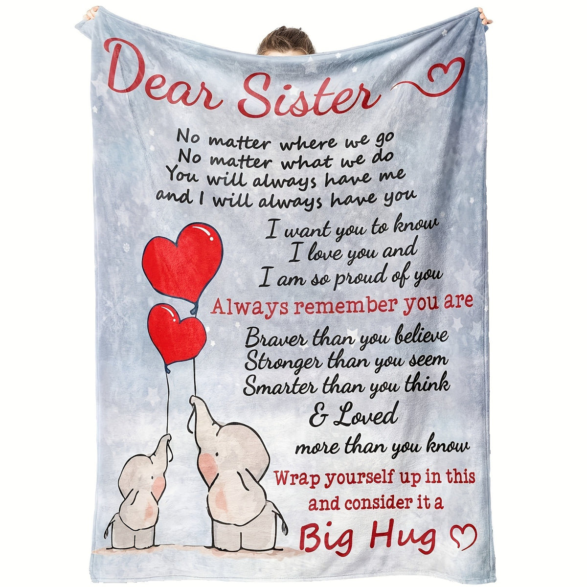 1pc Flannel Blanket Featuring Dear Sister Message with Cute Elephants and Heart Balloons. Expressing Love and Pride, This Valentine's Day Blanket Is Perfect for Cozying up and Feeling Cherished.