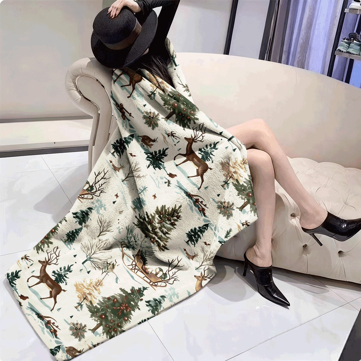 1pc Christmas-Themed Flannel Blanket Soft Lightweight & Warm All-Season Cozy Throw with Deer & Pine Tree Design Perfect for Sofa Office Camping