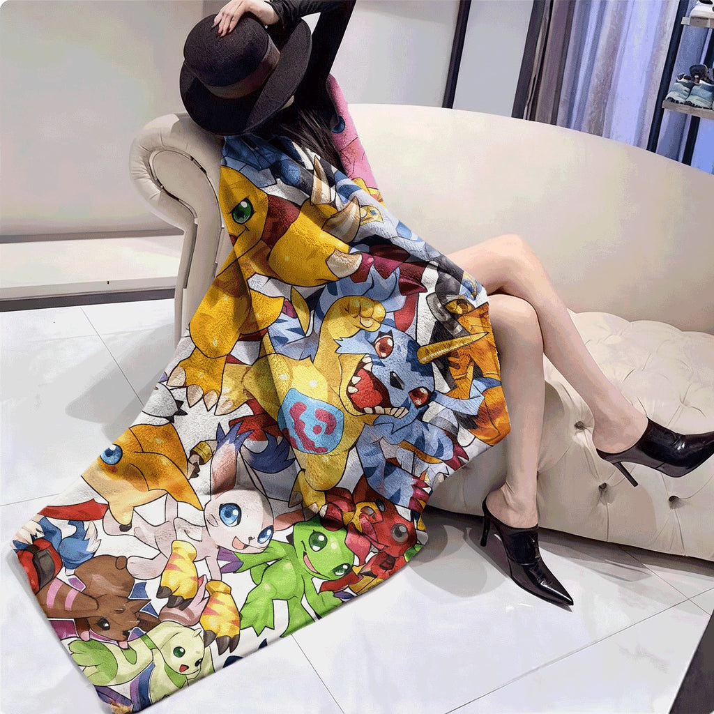 1pc 1pc, 230GSM Fashion Digimon Pattern Blanket, Comfortable And Warm, Easy to Clean And Durable, Suitable for Use, Outdoor Camping, Adventure, Picnics, Dormitories, Air-Conditioned Rooms, Sofa And Bed