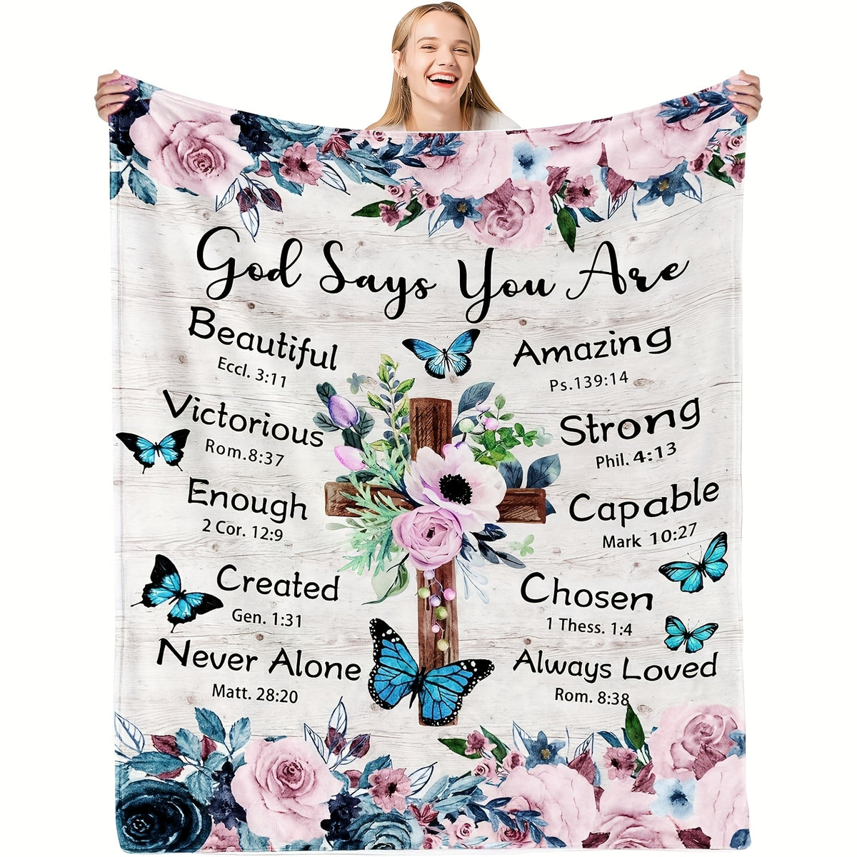 Inspirational Vintage Floral Flannel Throw Blanket with Uplifting Scripture Messages - Soft, All-Season Comfort for Sofa & TV, Perfect Religious Gift for Holidays, Birthdays, Anniversaries - Polyester, 280Gsm, Allseason Throw | Scripture Message Decor | S