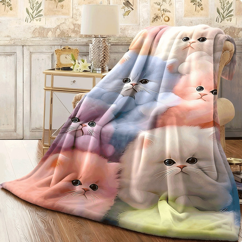 1pc Cute Colorful Fluffy Kittens Flannel Blanket Pastel Pink Background Soft Cozy for Sofa Adorable Cat Design All-Season Throw