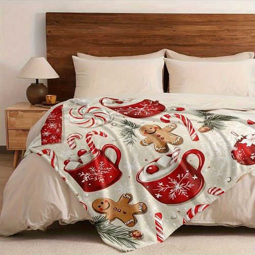 1 Christmas Gingerbread Patterned Blanket, Featuring Festive Design, Soft Plush Surface, Lightweight and Durable Flannel Material, Available in Multiple Sizes, Perfect for Christmas, Living Room Sofas, Bedroom, Leisure Reading, and Daily Home