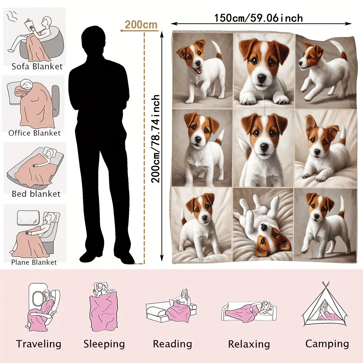 1pc Jack Russell Terrier Pattern Flannel Blanket, Soft Comfortable Warm, Beige And Brown Design, Durable Plush, All-Season Bed Blanket, Warm Cover, Multiple Sizes Available, Suitable for Living Room Sofa, Bedroom Bed, Reading Corner, Leisure Time
