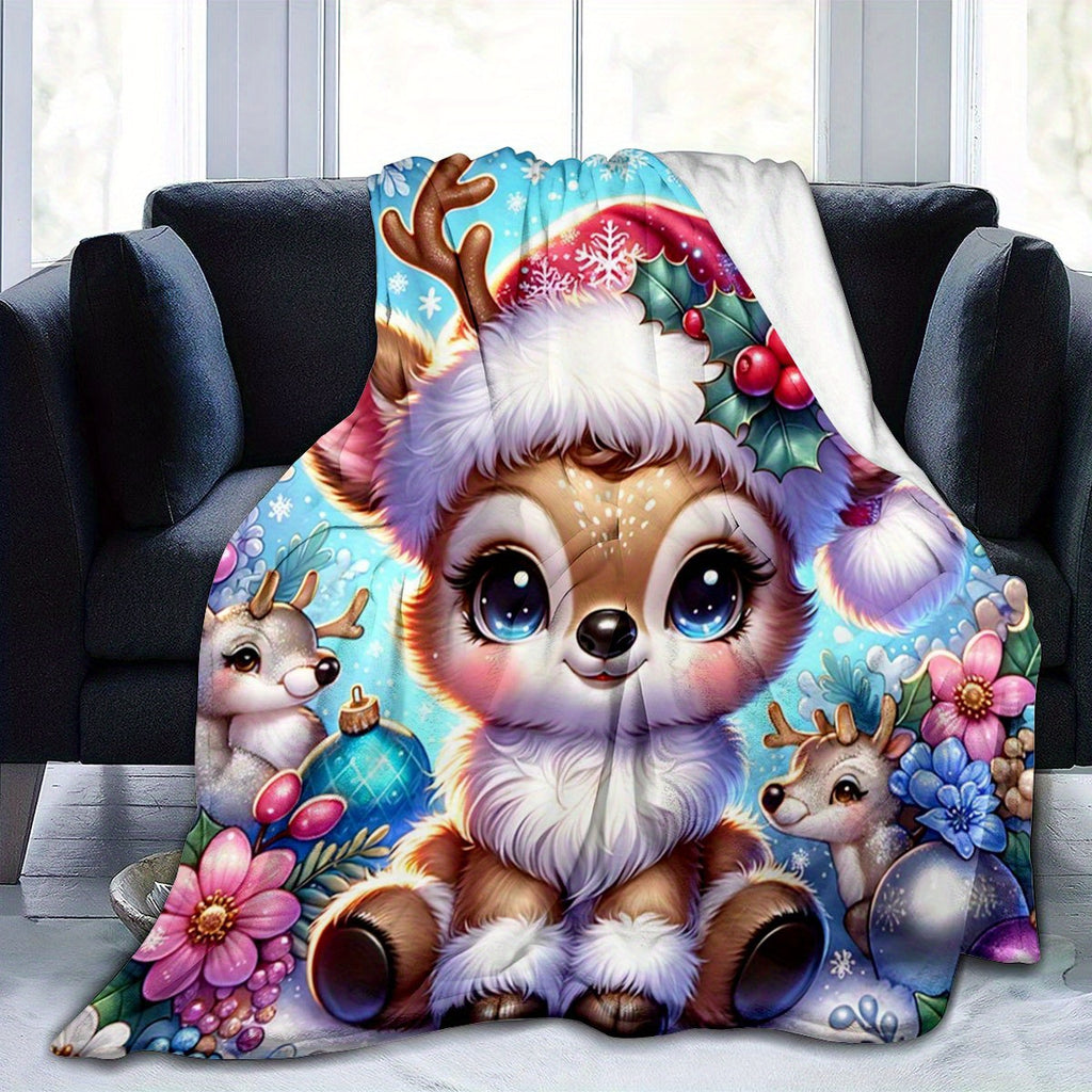 1pc of Large Flannel Blanket with a Blue Christmas Deer and Wreath Pattern, Christmas Winter Decoration, Suitable for Bedroom Bed Use, Weekend Sofa Naps, and Home Naps