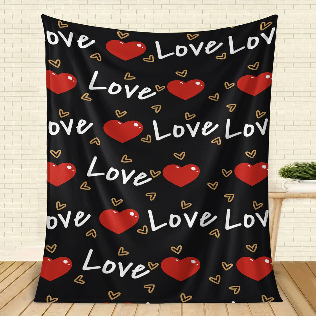 1pc Love Print Flannel Blanket | Soft Warm All-Season Quilted Throw with Red Hearts & Love Lettering, Plush Polyester Bedspread for Napping, Camping, Travel, Home Decor - Ideal Valentine'S Day Gift, Cozy Bedding, Romantic Theme