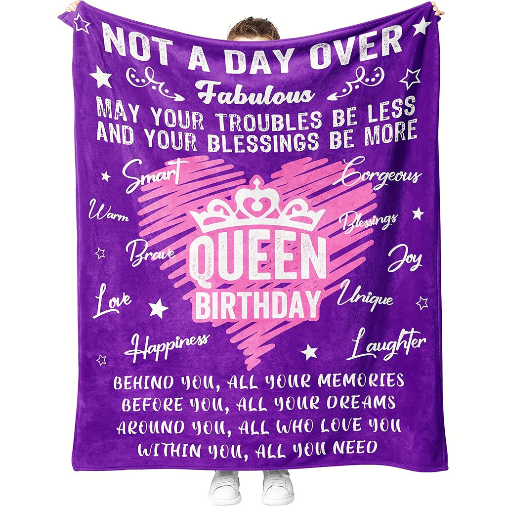1pc Queen Birthday Flannel Blanket - Royal Purple with Pink & White Accents, Heartfelt Messages & Crown Design, All-Season Soft Throw Gift for Women, Mom, Daughter, Sister, Friends, Girlfriend, Sentimental Keepsake, Playful Design, Cozy Fabric, Keepsake I