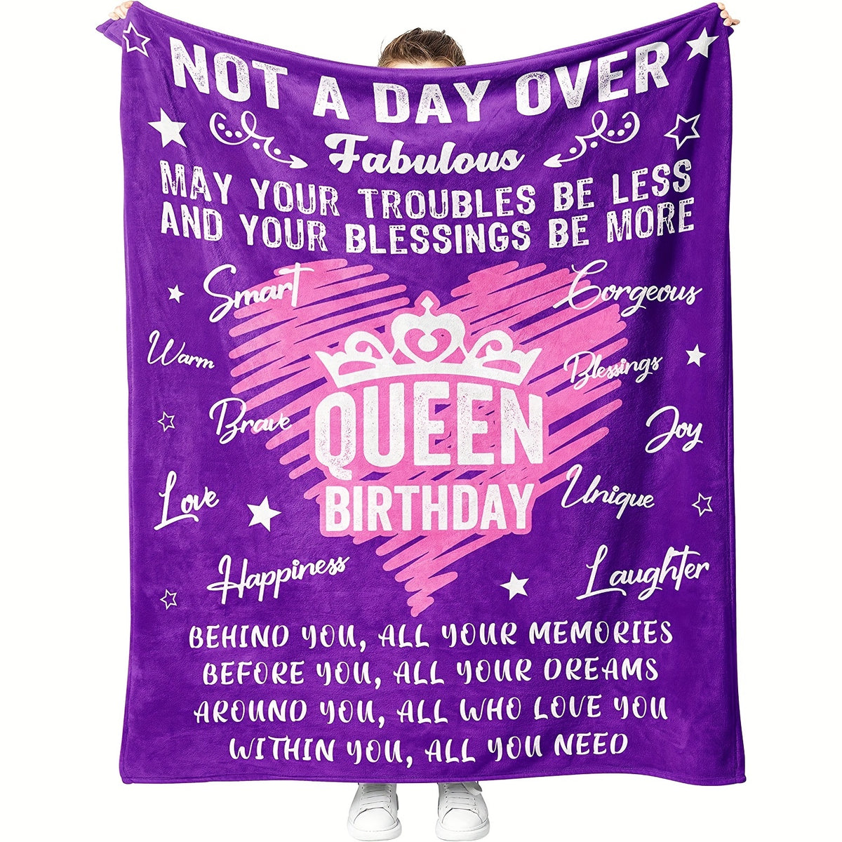 1pc Queen Birthday Flannel Blanket - Royal Purple with Pink & White Accents, Heartfelt Messages & Crown Design, All-Season Soft Throw Gift for Women, Mom, Daughter, Sister, Friends, Girlfriend, Sentimental Keepsake, Playful Design, Cozy Fabric, Keepsake I