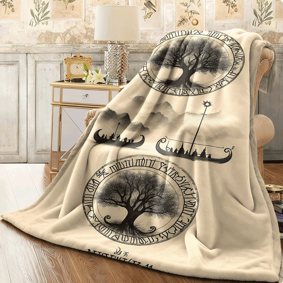 1pc A Polyester Blanket Featuring Viking Runes, The Tree of Life, And Viking Longship Patterns, Suitable for Sofas, Offices, Home, Camping, And Travel, a Versatile Nap Blanket, Perfect As a Fun Gift