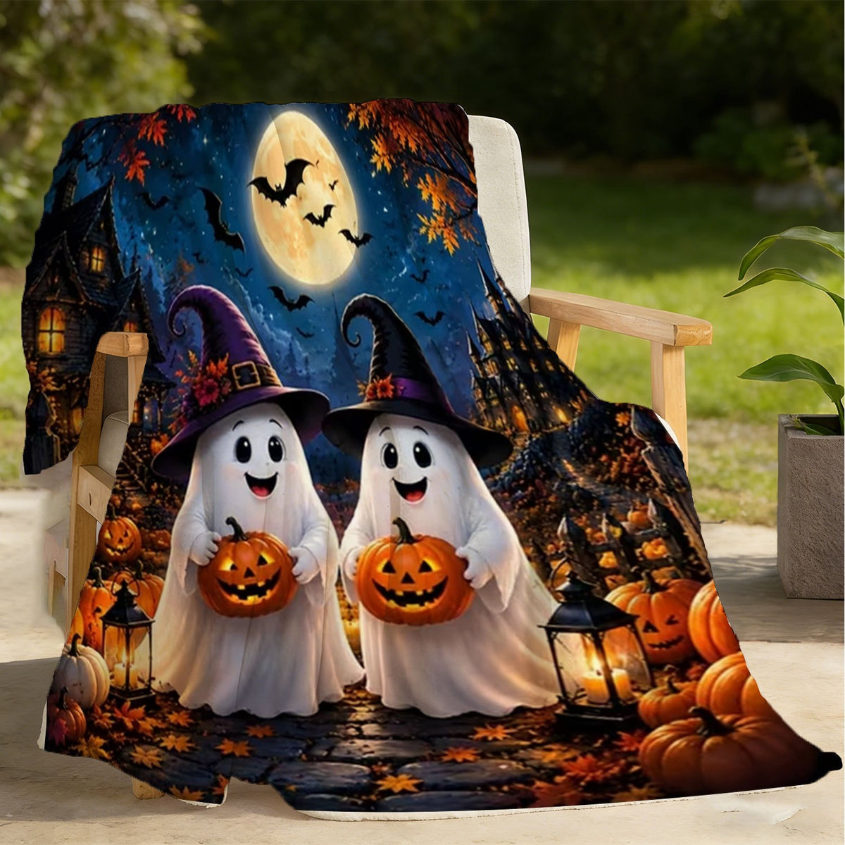1pc Halloween Fleece Blanket, Soft Comfortable Throw Blanket with Pumpkin Ghost Bat Moon Pattern, Suitable for Office, Sofa, Living Room, Warm Decorative Item, Home Holiday Decor Gift