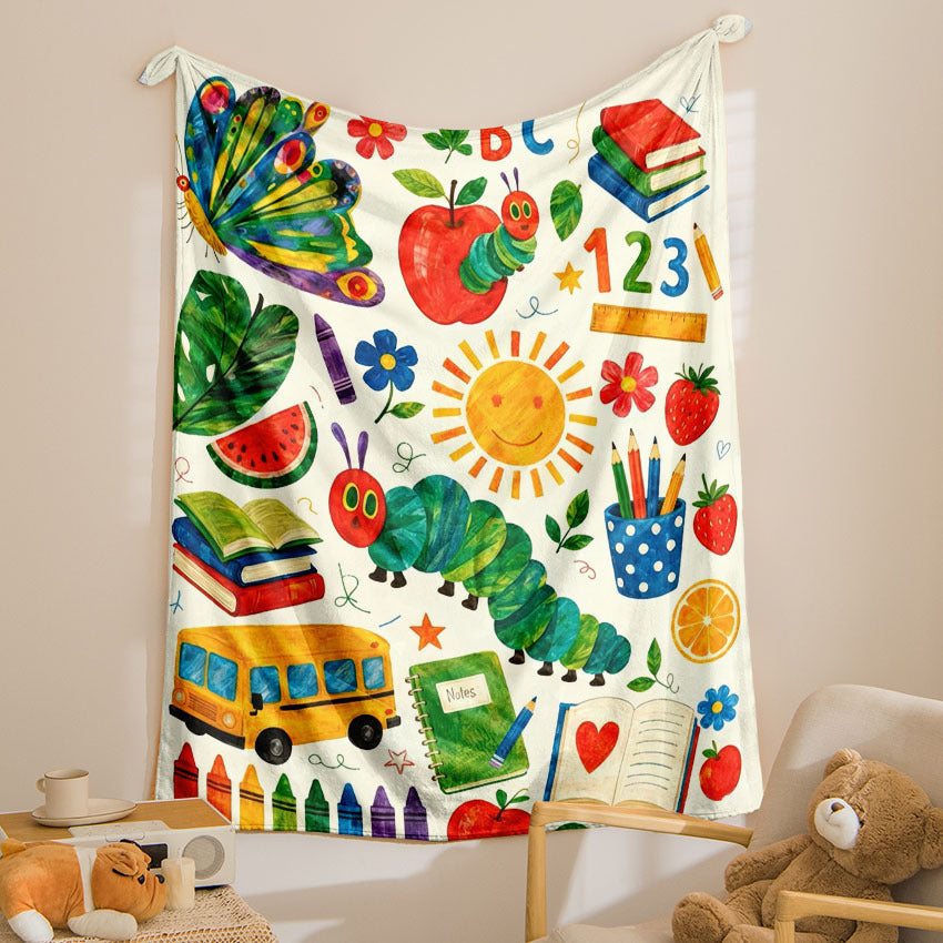 for CATERPILLAR 2D Watercolor Cartoon Print, Featuring Caterpillars with Butterfly, Vegetables, Fruits, Stationery, School Bus, and Sun Elements, Fresh Cartoon Style, Portable Home Blanket¡ªLightweight Sofa Bed Blanket for Travel, Camping