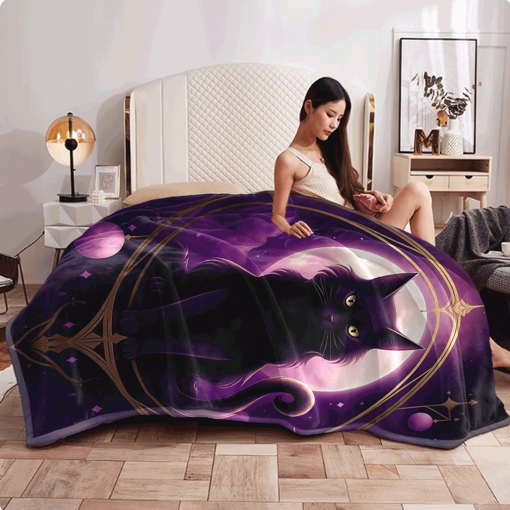 1pc Purple Mysterious Cat Blanket for Home- Lightweight Flannel Throw for Sofa Travel Camping Livingroom Office Couch Chair And Digital Printing Fleece Blanket with Soft And War