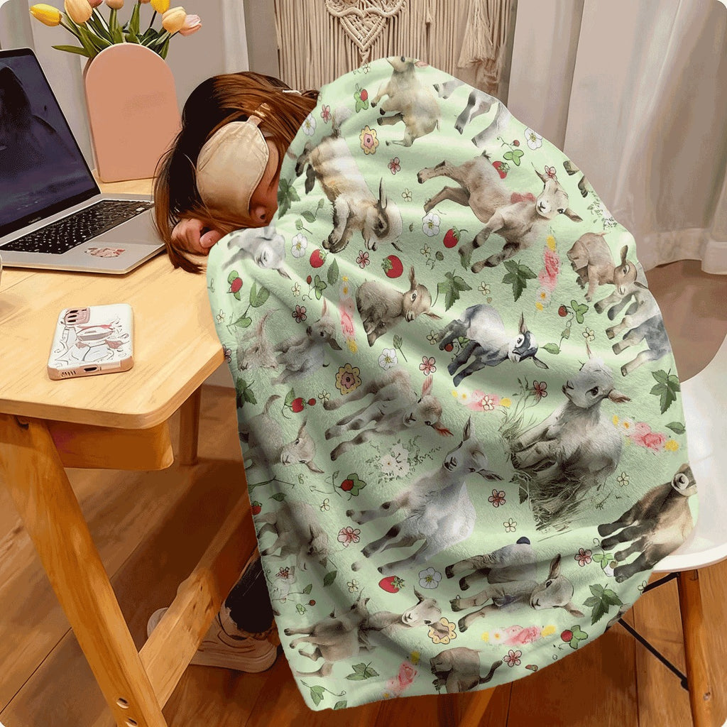 1pc Floral Goat Fleece Blanket Soft Lightweight Machine Washable Throw with Adorable Goats & Flowers Design in Green Beige Brown and White Perfect for Sofa or Chair Ideal Farm An
