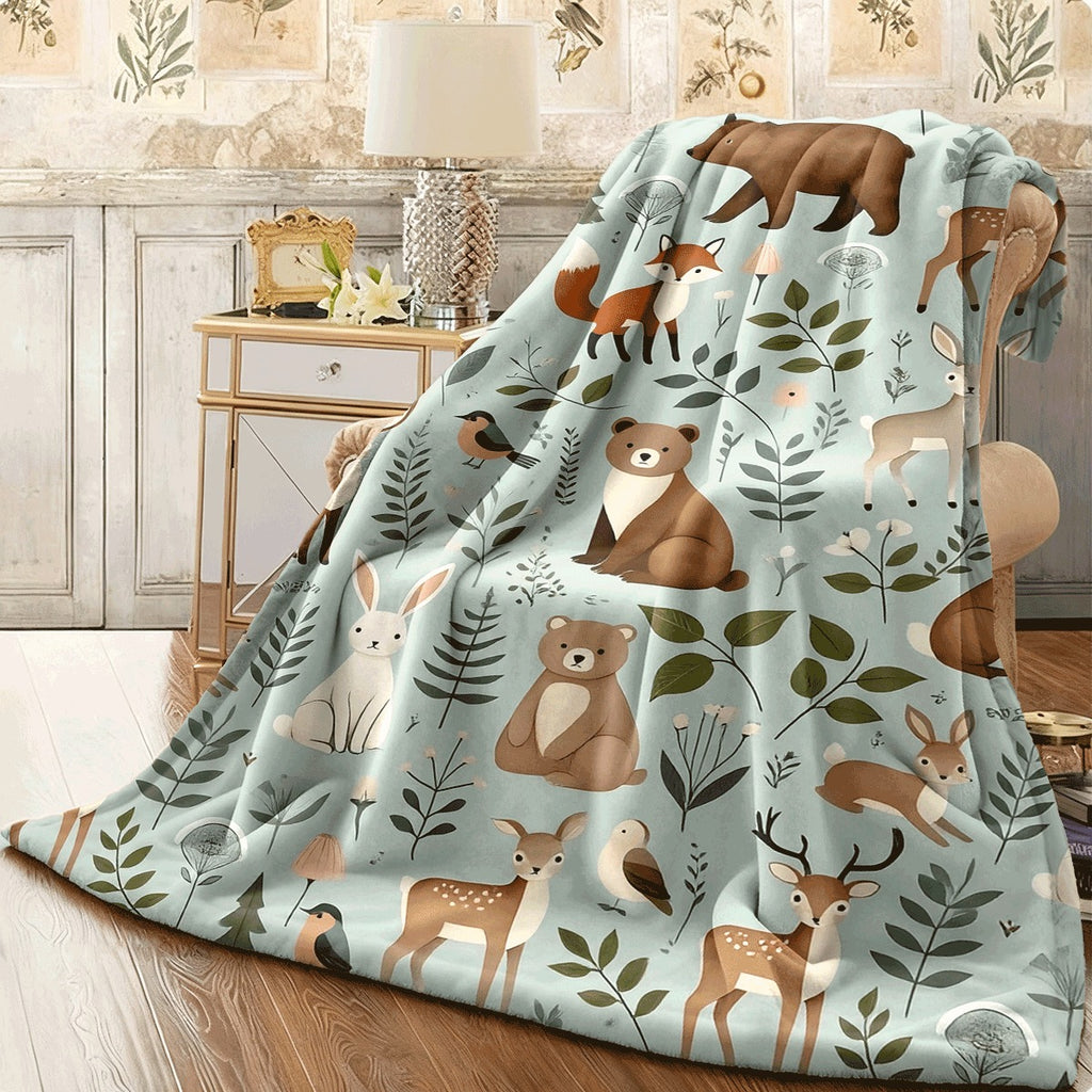 1pc Cute Forest Animal Flannel Blanket Soft Flannel Throw with Deer Bear Fox Rabbit And Birds Print Cozy All-Season Spread for Couch Sofa Room Decor