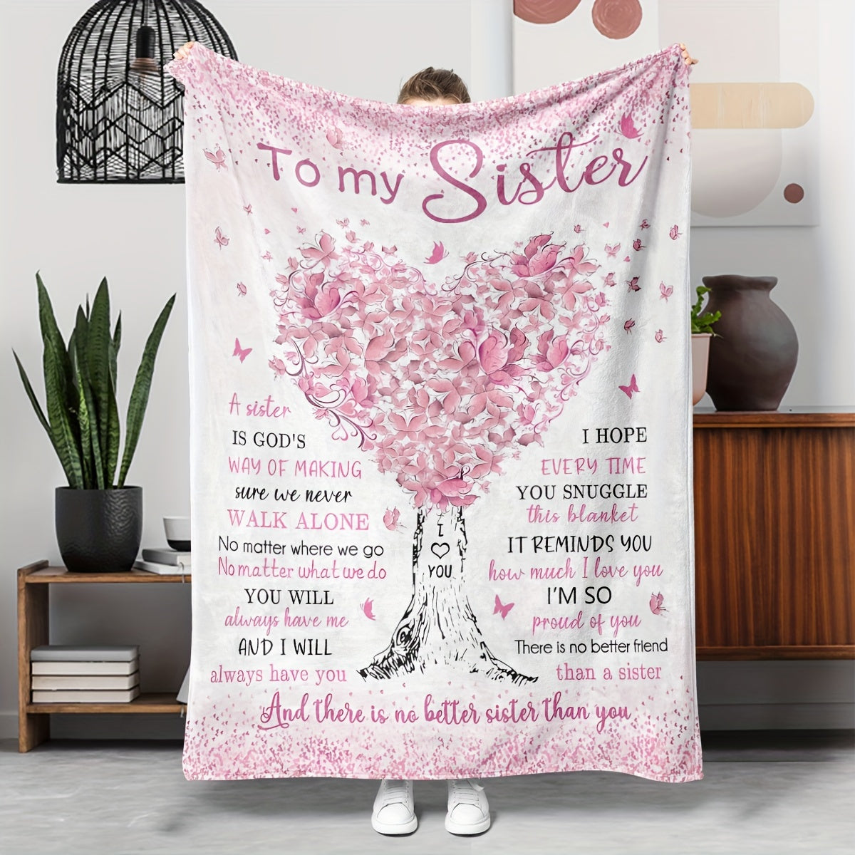Glam Style Hypoallergenic Flannel Throw Blanket for Sister | Digital Print Character Theme with Heart Tree Pattern, All Seasons Tear-Resistant Blanket, Machine Washable, Multipurpose Use for Sofa,, Travel, Camping - Perfect Gift for Sister