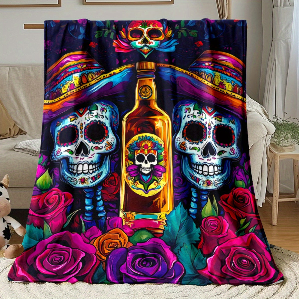 1pc 2D Flat Print Mexican Day of the Dead Skull and Rose Blanket, Soft Flannel Throw Blanket - Dark Blue and Magenta Design, Multiple Sizes Available, Suitable for Living Room, Bedroom, Sofa,, and Reading Area, 2D Flat