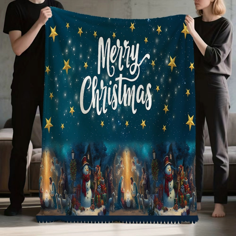 1pc Christmas Themed Flannel Blanket with Stars and Nativity Scene, Soft, Comfortable, and Warm, Deep Blue Starry Sky Design, Durable Plush Surface, All-Season Sofa Blanket, Warm Throw Blanket, Multiple Sizes Available, Suitable for Living Room