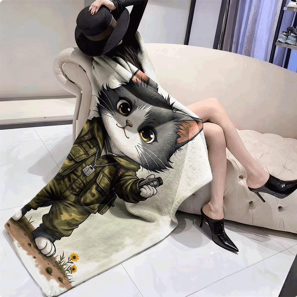 1pc Cute Gray and White Cat in Camouflage Uniform Soft Flannel Blanket Cozy Throw with Adorable Kitten Sunflowers & Adventure Style Design for Sofa