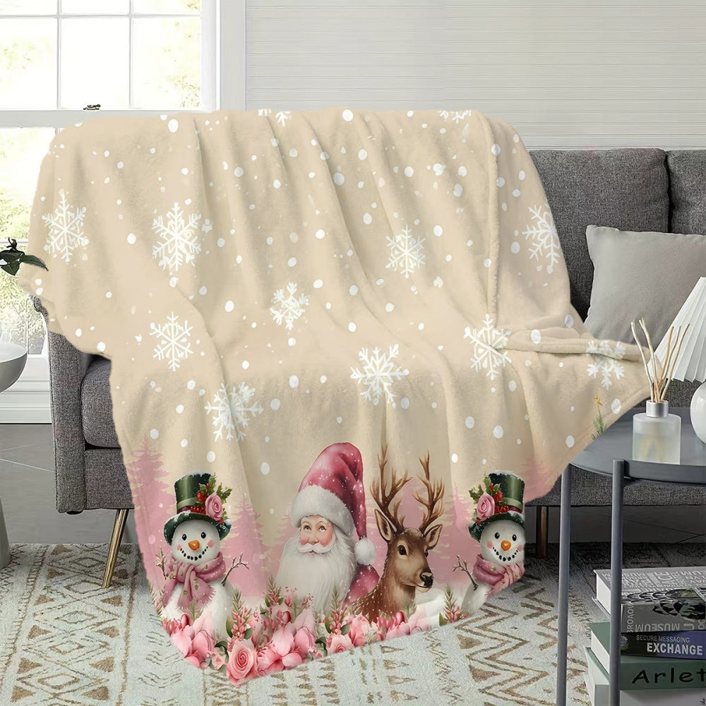 Christmas Snowman And Reindeer Pattern Pink Snowflake Fleece Blanket, Soft Comfortable Warm, Cream-Colored Design, Durable Plush, All-Season Sofa Blanket, Warm Cover, Multiple Sizes Available, Suitable for Living Room Sofa, Bedroom